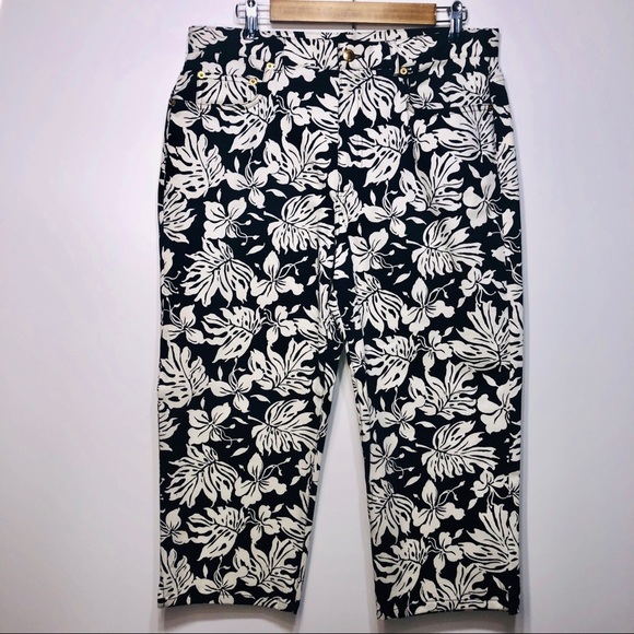 Chaps Pants - Chaps Navy Blue and White Floral Cropped Pants